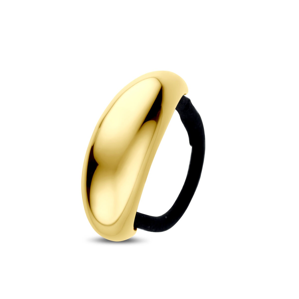 Cuff de cabello de acero con ionización dorada, forma ovalada y acabado brillante de 48 mm.