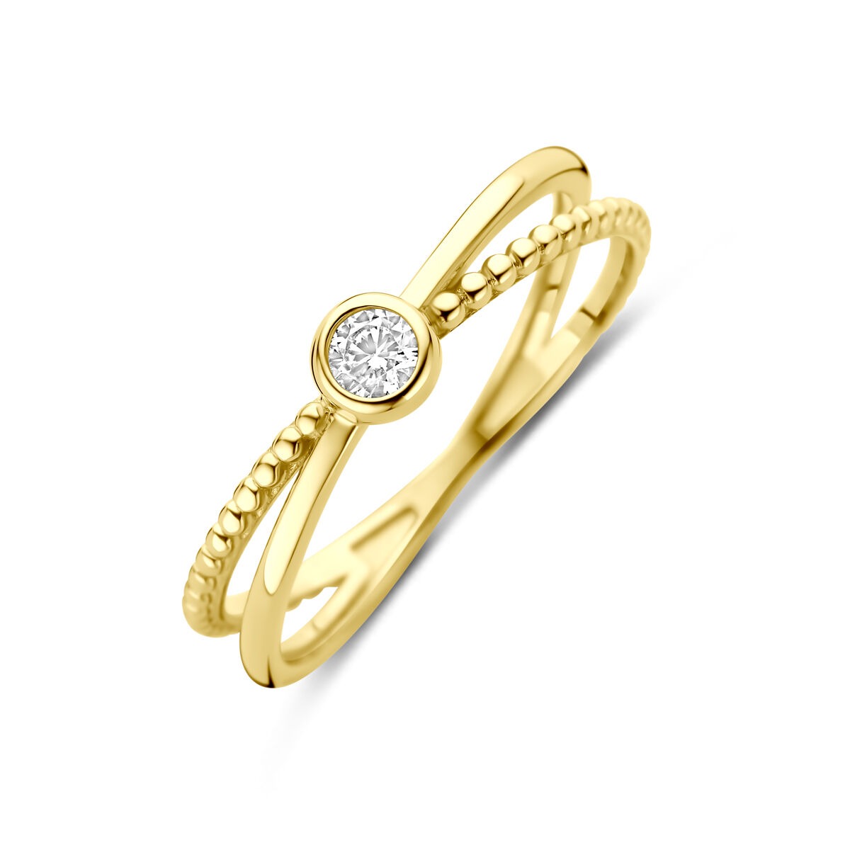 Anillo de oro amarillo de 9 quilates con circonita en el centro y diseño entrelazado.