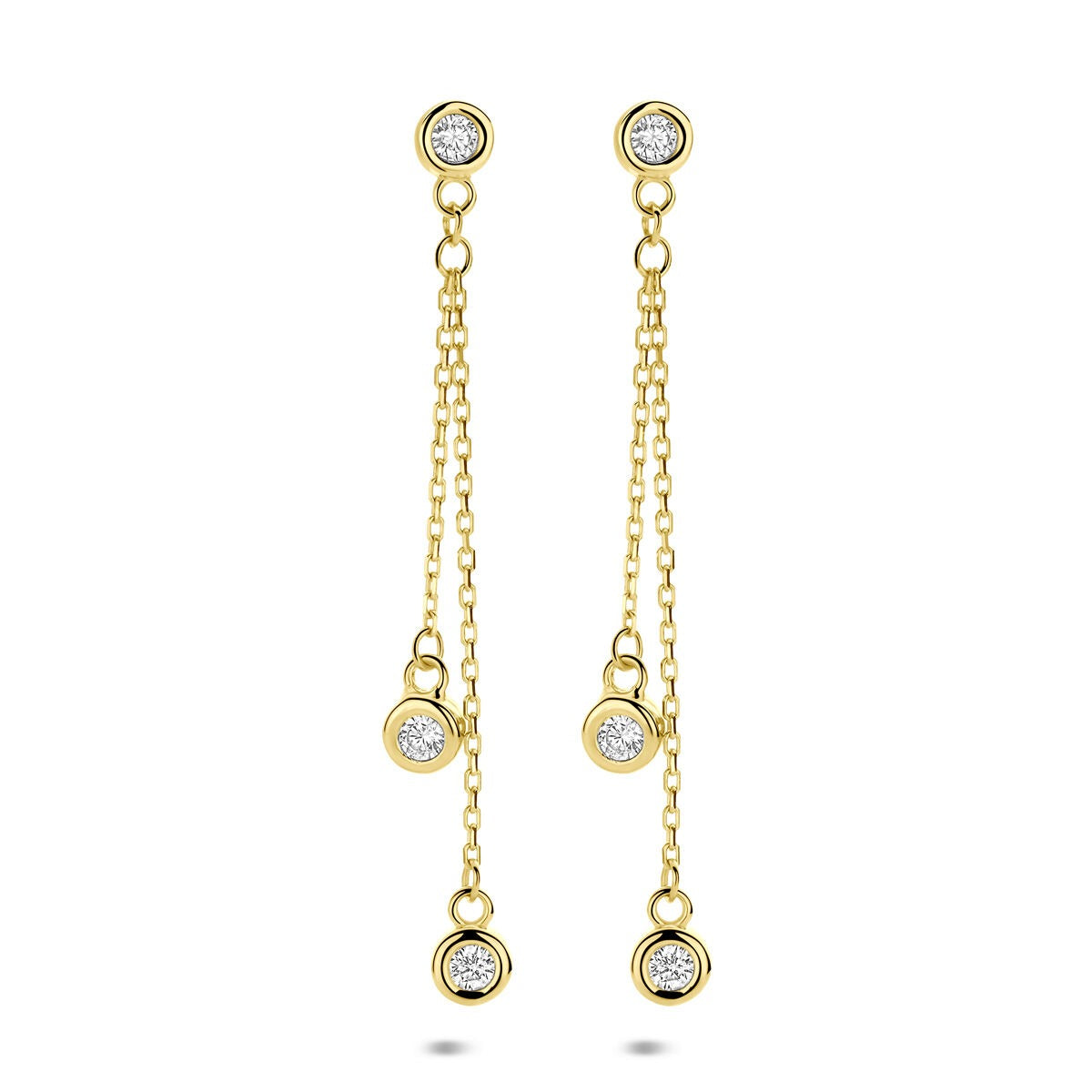 Pendientes largos de oro amarillo de 14k con zircón, con cadenas y detalles brillantes.