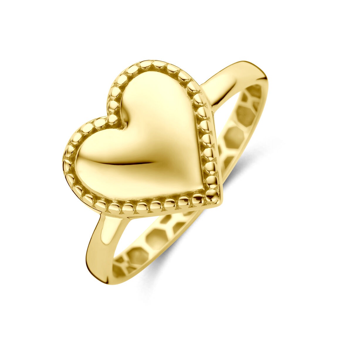 Anillo de oro amarillo de 14k con forma de corazón y detalle de bolitas.