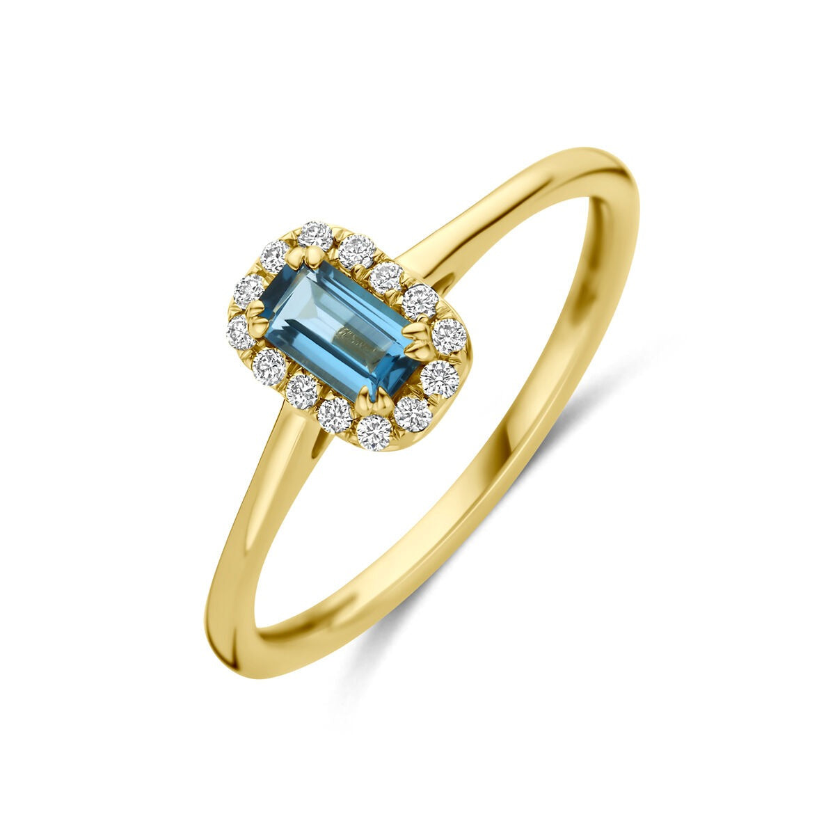 Anillo de oro amarillo de 14k con topacio azul Londres y diamantes cultivados en laboratorio.