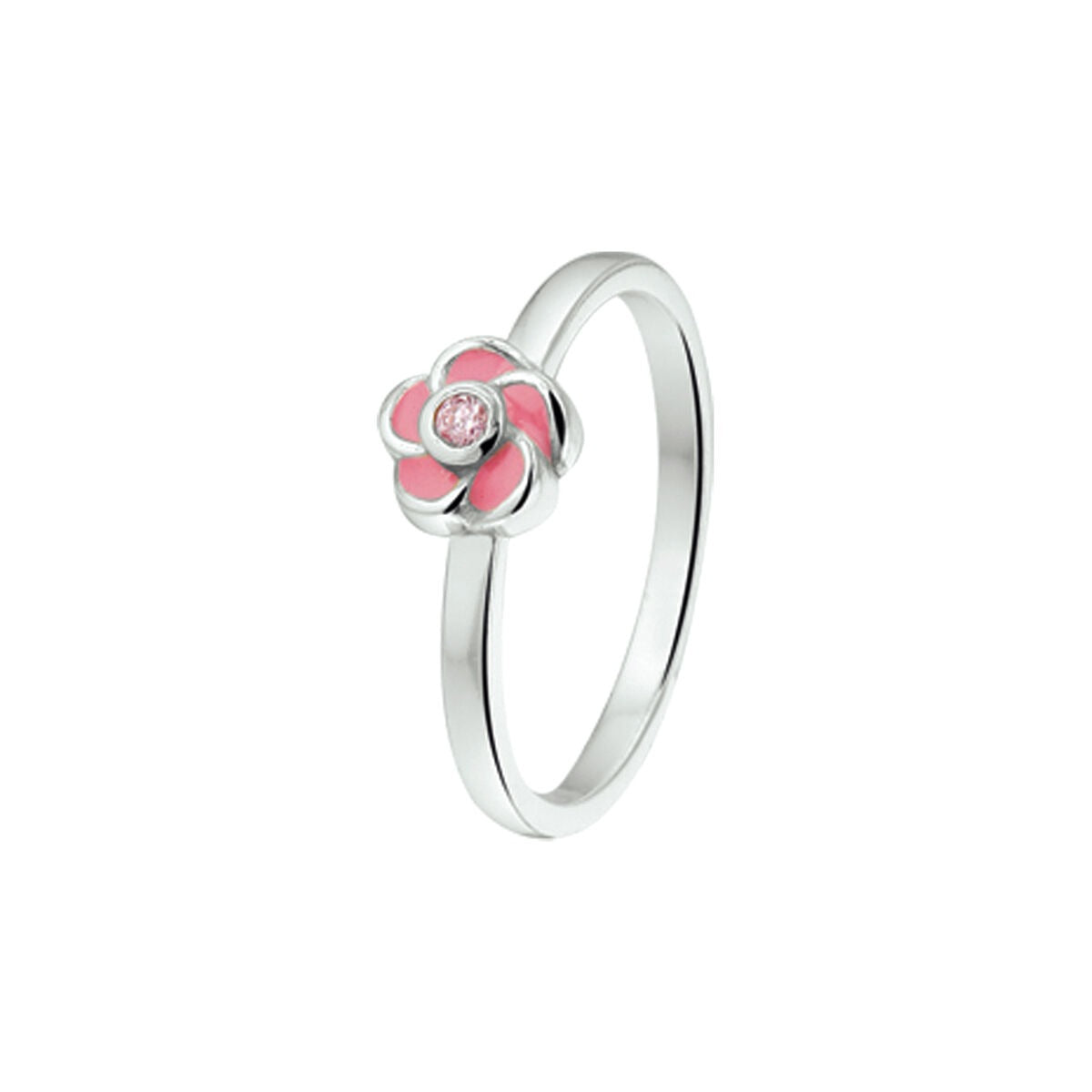 Anillo de plata con diseño de flor, detalle en esmalte rosa y circonita en el centro.