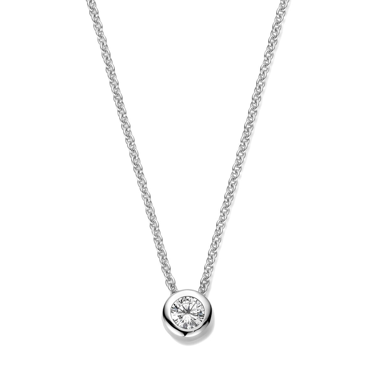 Collar de plata rodiada 925 con zircónia, cadena trenzada y colgante redondo.