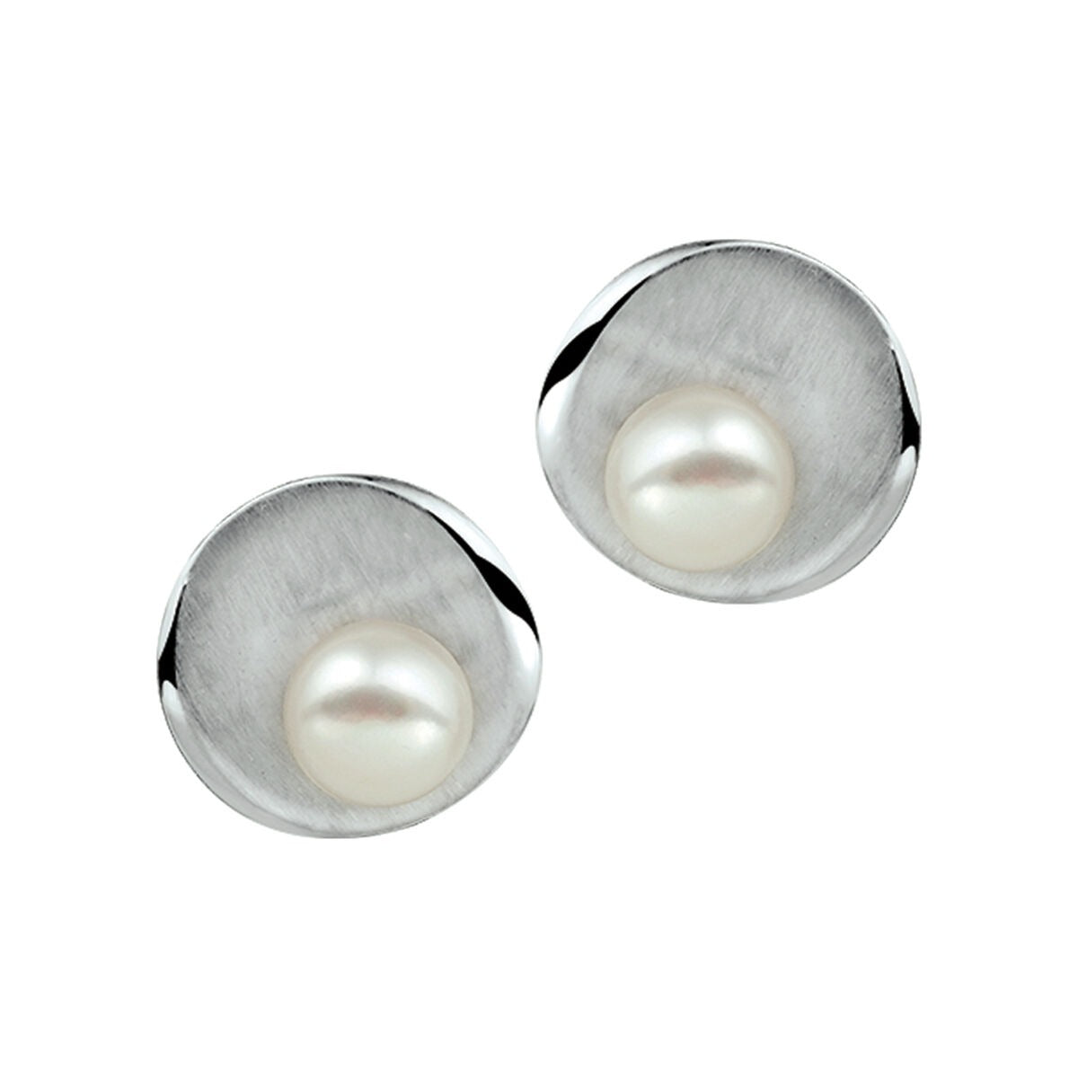 Pendientes de primera puesta de plata pulida y mate con perla central.