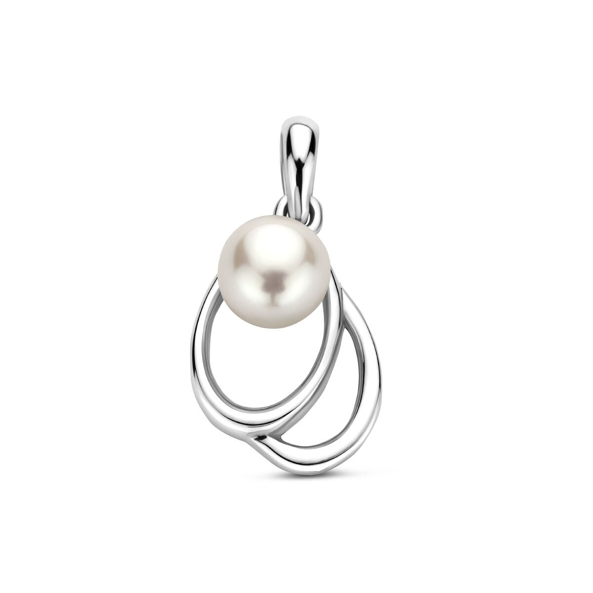 Colgante de plata rodiada con una perla blanca, diseño en forma de óvalo, tamaño 15,5 mm.