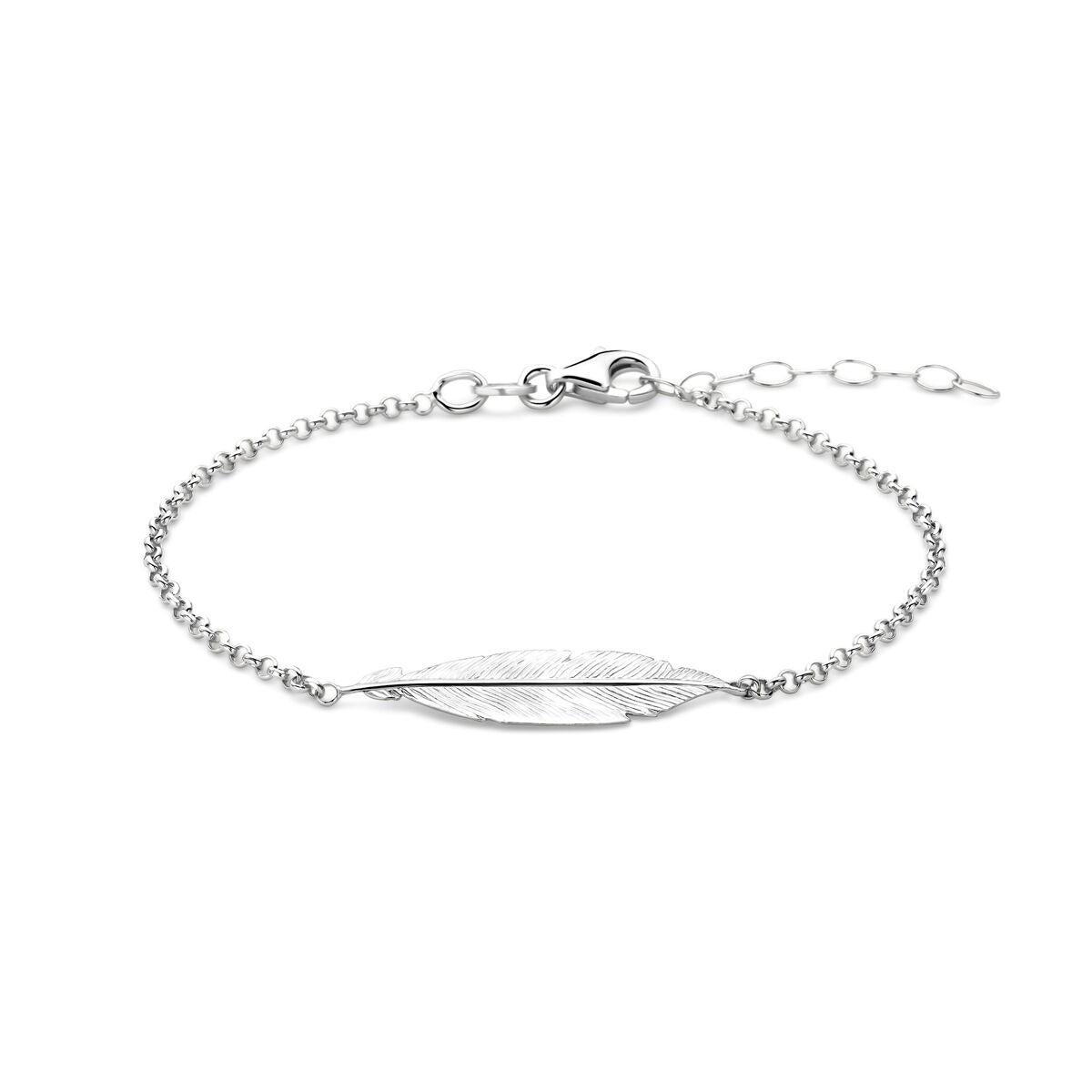 Pulsera de plata rhodium con diseño de pluma en plata 925.