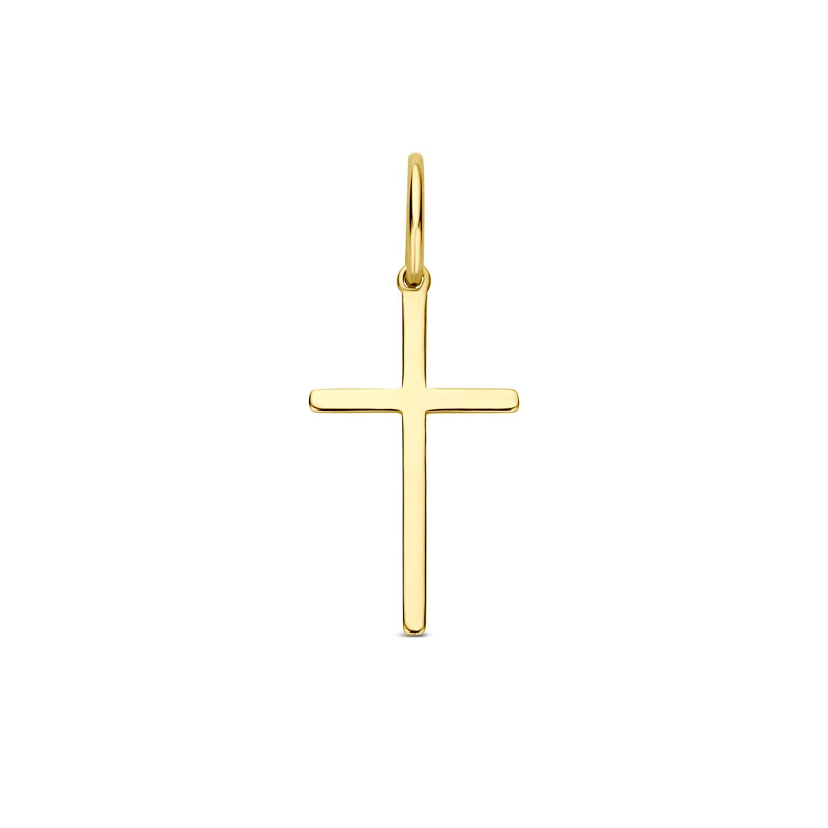 Colgante de cruz en oro amarillo de 9 quilates, con un diseño simple y líneas rectas.