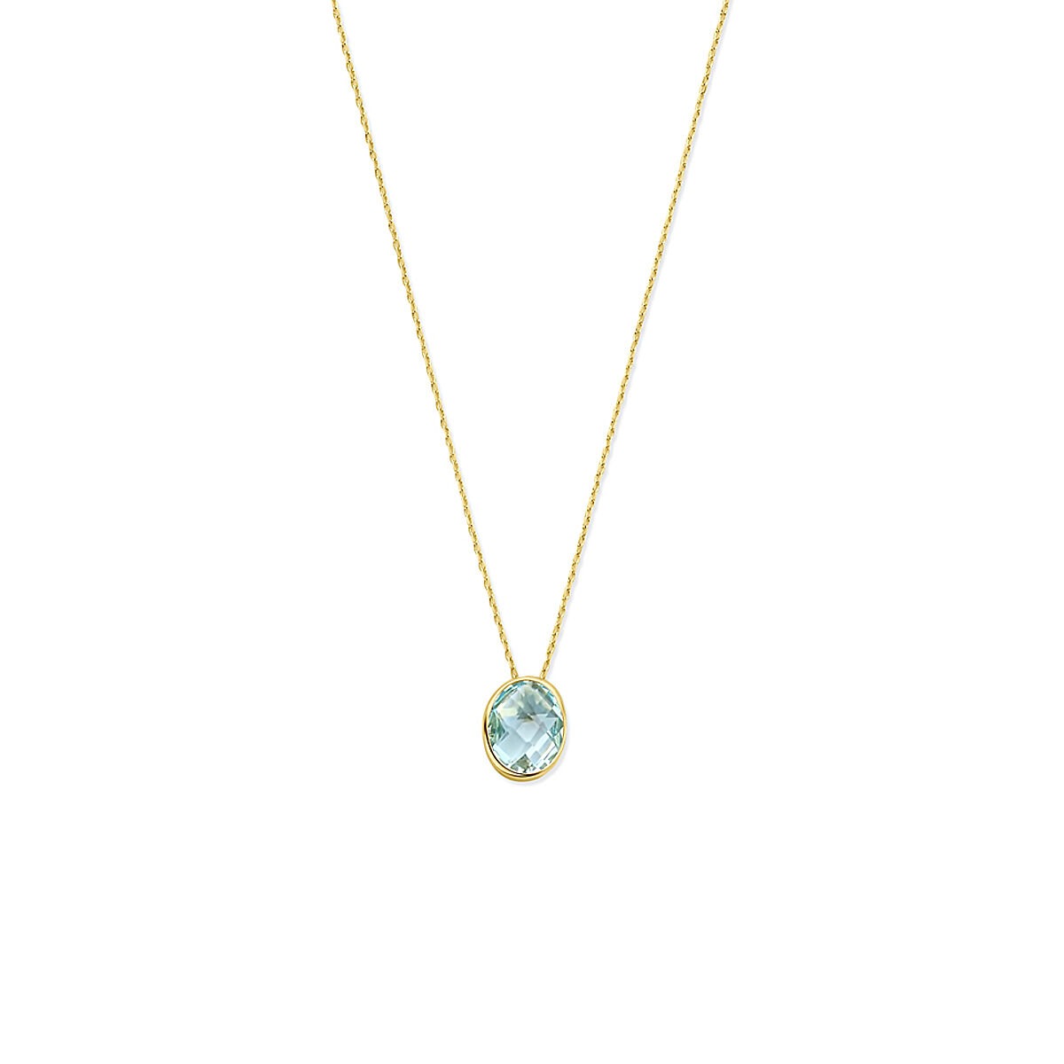 Collar de oro amarillo de 14k con topacio azul, cadena delgada y colgante ovalado.