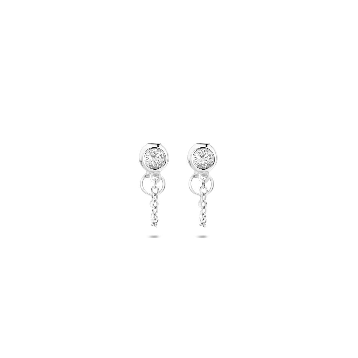 Pendientes largos de plata con circonitas, acabado en rodio, con cadena colgante.