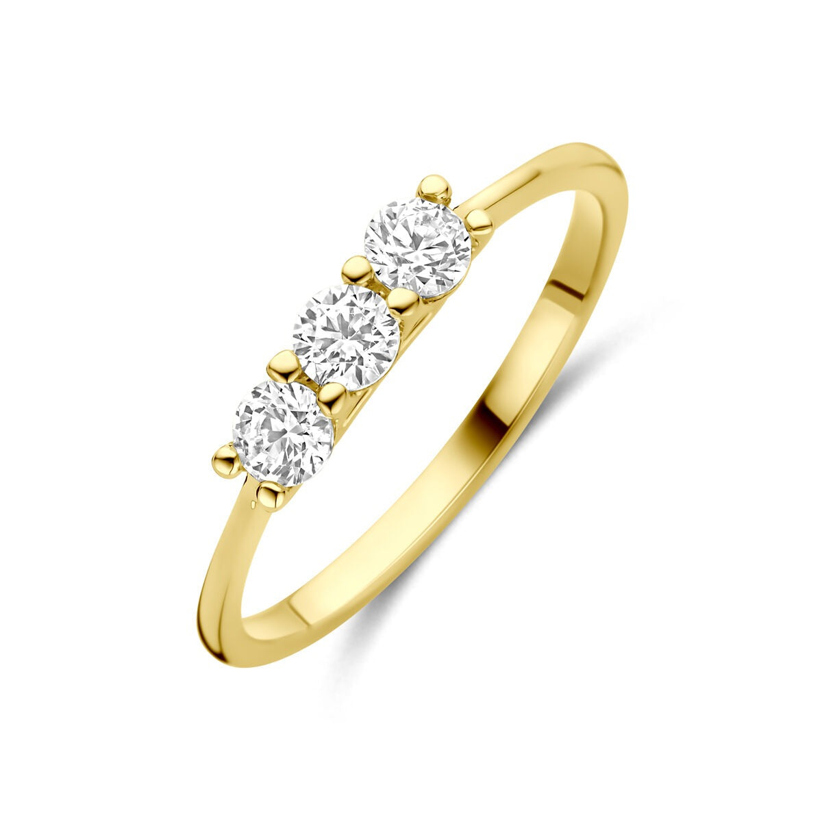 Anillo de dama en oro amarillo de 14k con tres circonitas brillantes.