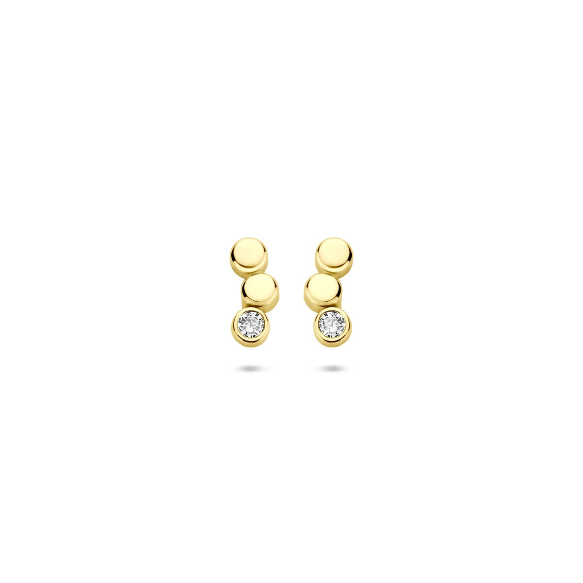 Pendientes de oro amarillo de 14k con circonitas, de forma redonda y tamaño 8,5 x 3,5 mm.