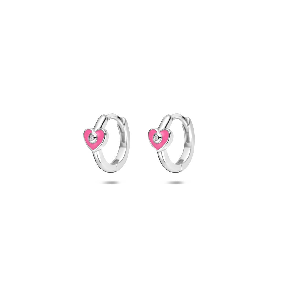 Pendientes de aro de plata rodiada con corazón rosa y circonita.