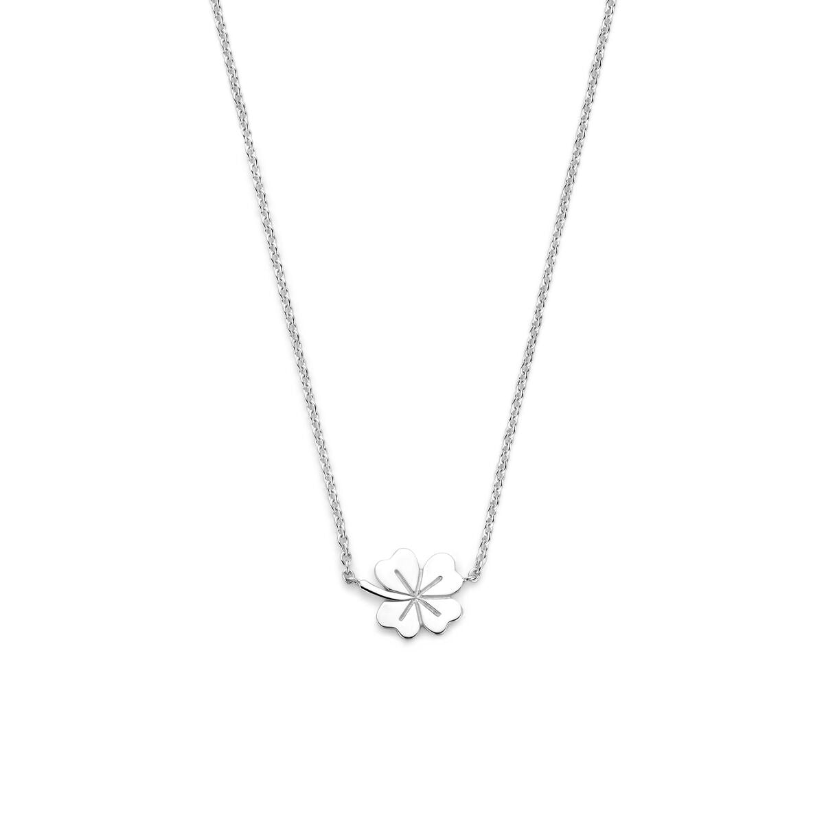 Gerhodineerd 925 zilveren collier met een klavertje als hanger, fijn en subtiel ontwerp.