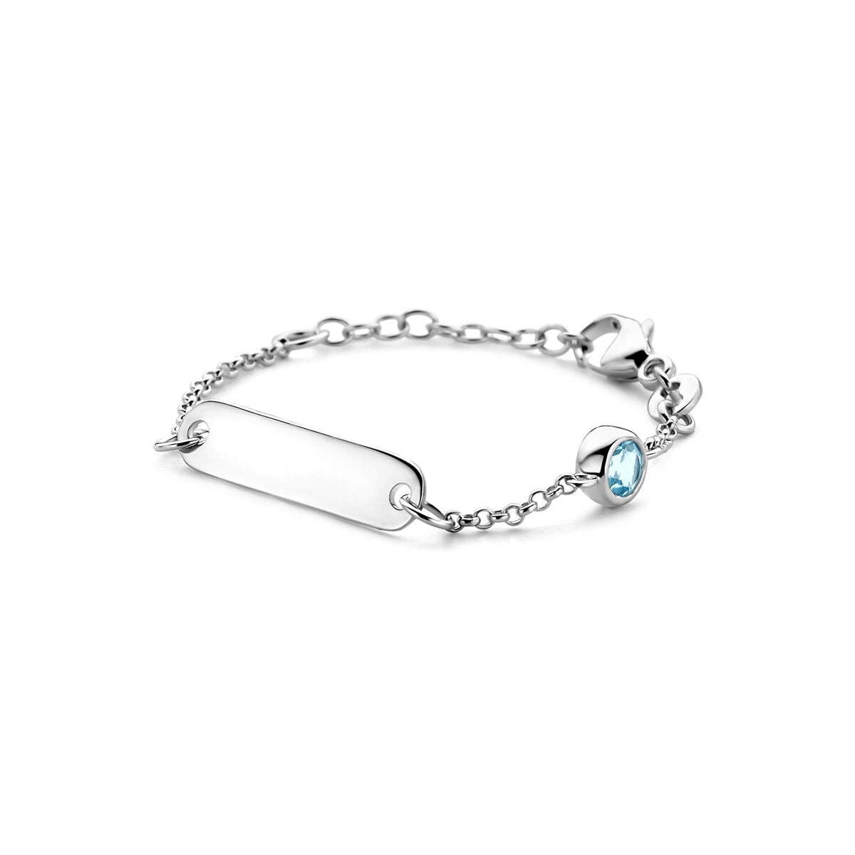 Pulsera de grabado infantil de plata 925 rodiada con topacio azul.
