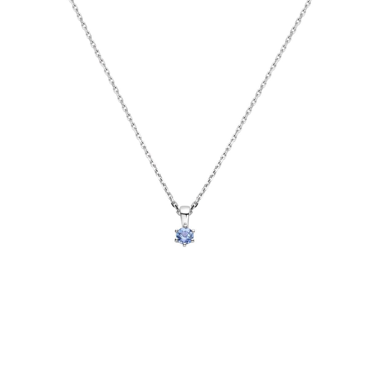 Gerhodineerd 925 zilveren collier met een blauwe tanzaniet geboortesteen in een stervormige zetting.