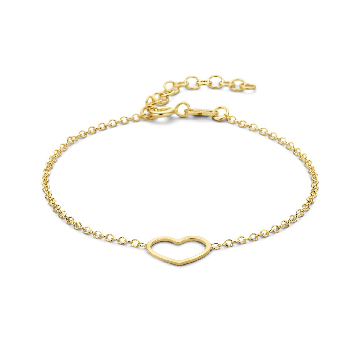 Pulsera de plata dorada con un colgante en forma de corazón, símbolo de amor.