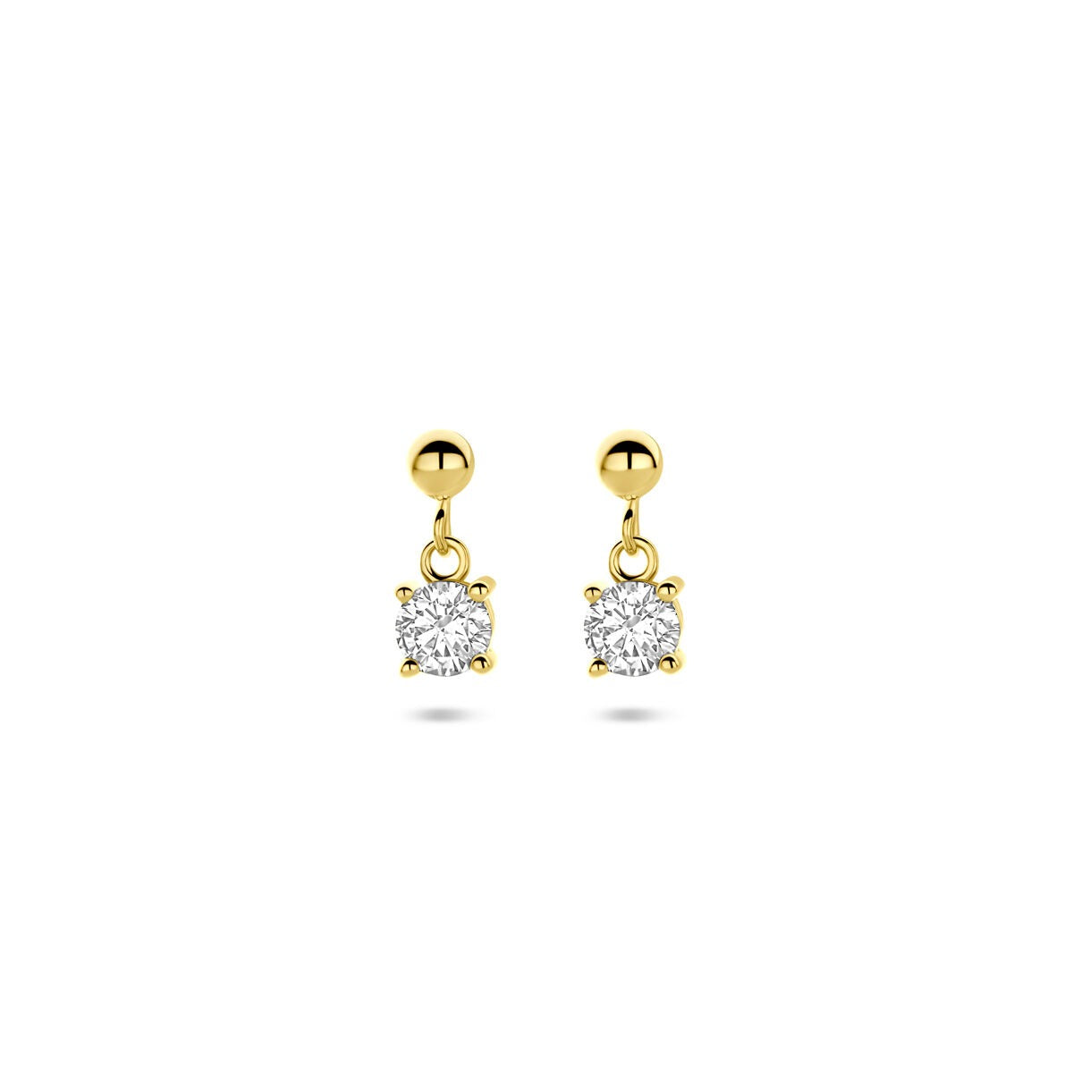 Pendientes de oro con circonitas, con un diseño de bola y un colgante cuadrado.