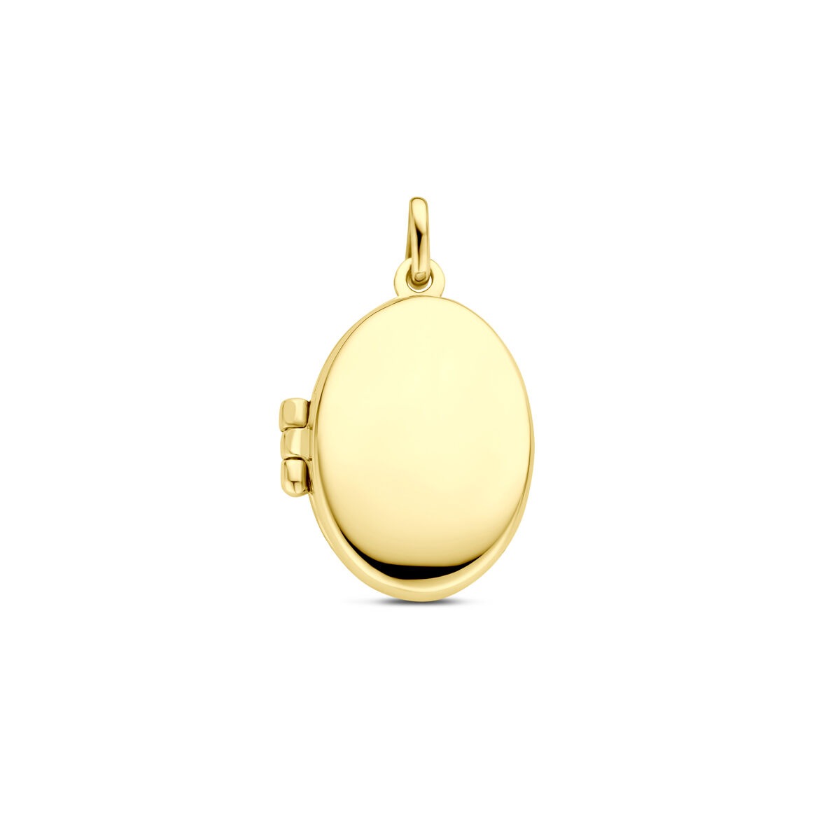 Colgante ovalado de 14k en oro amarillo, con un diseño liso y brillante.