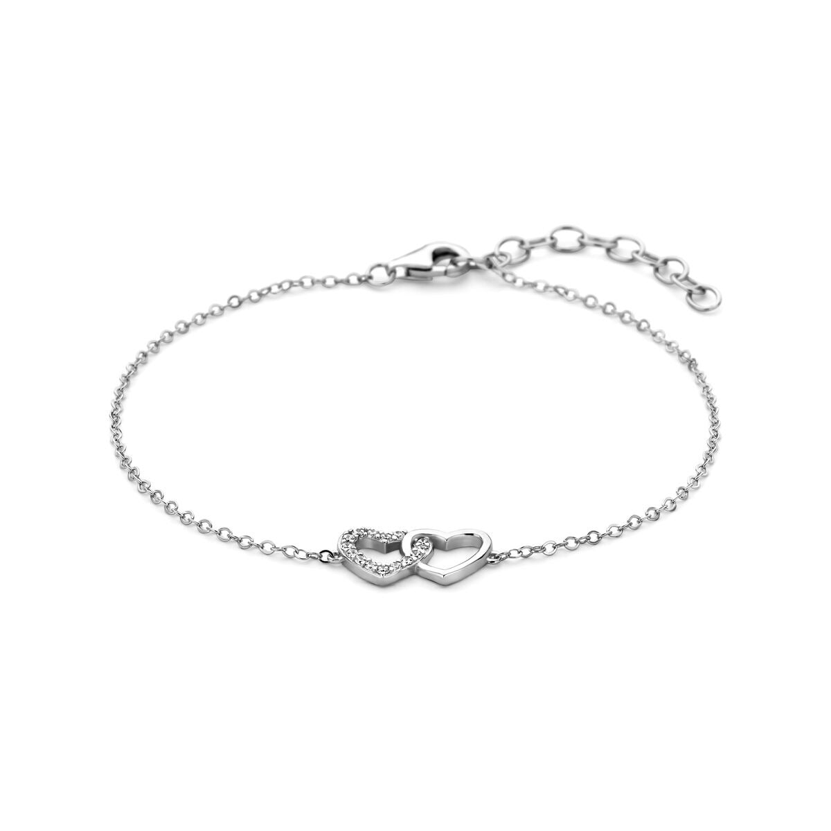 Pulsera de plata con corazones y circonitas, acabada en rodio.