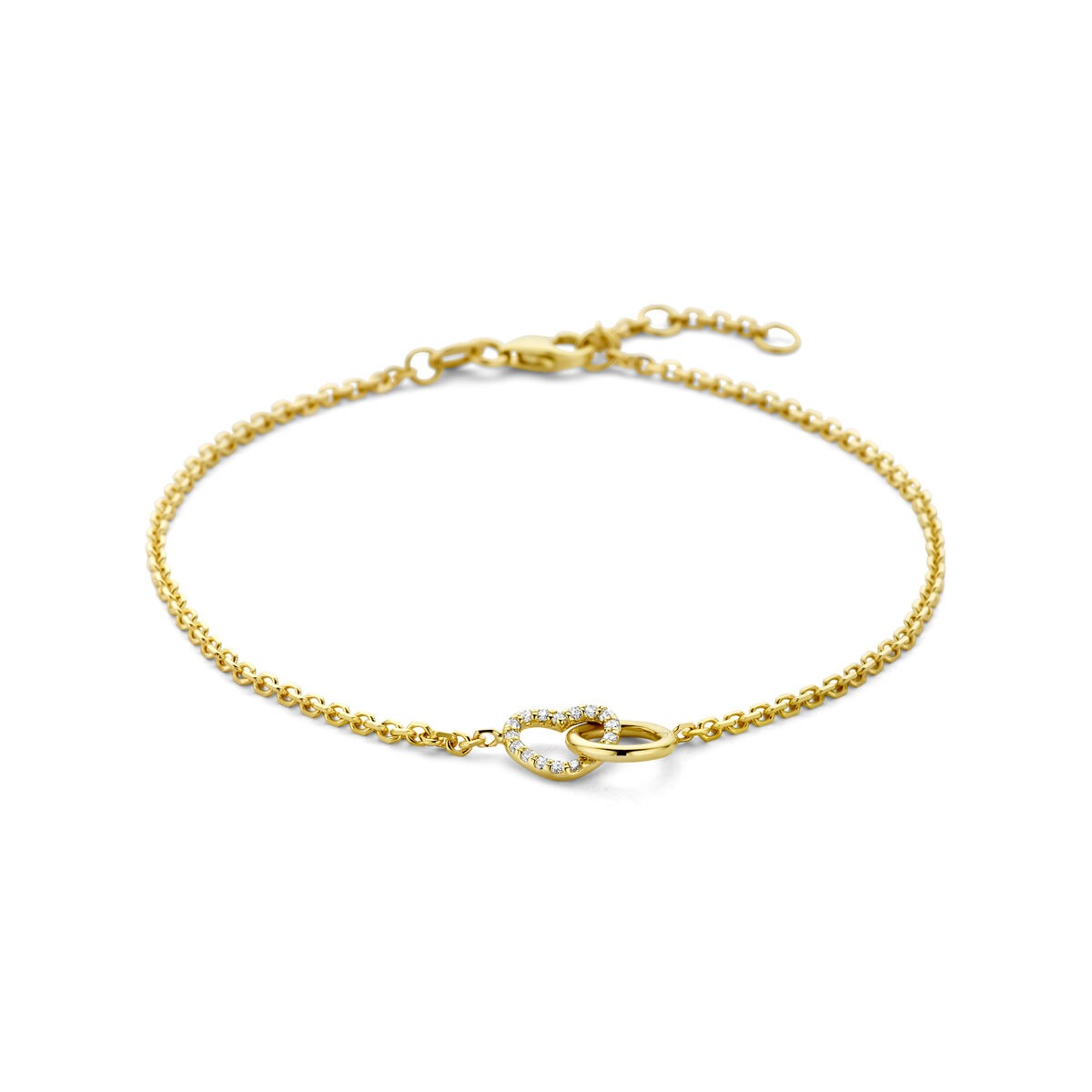 Pulsera de oro amarillo de 14k con un círculo y un corazón de diamante cultivado en laboratorio de 0.09ct.