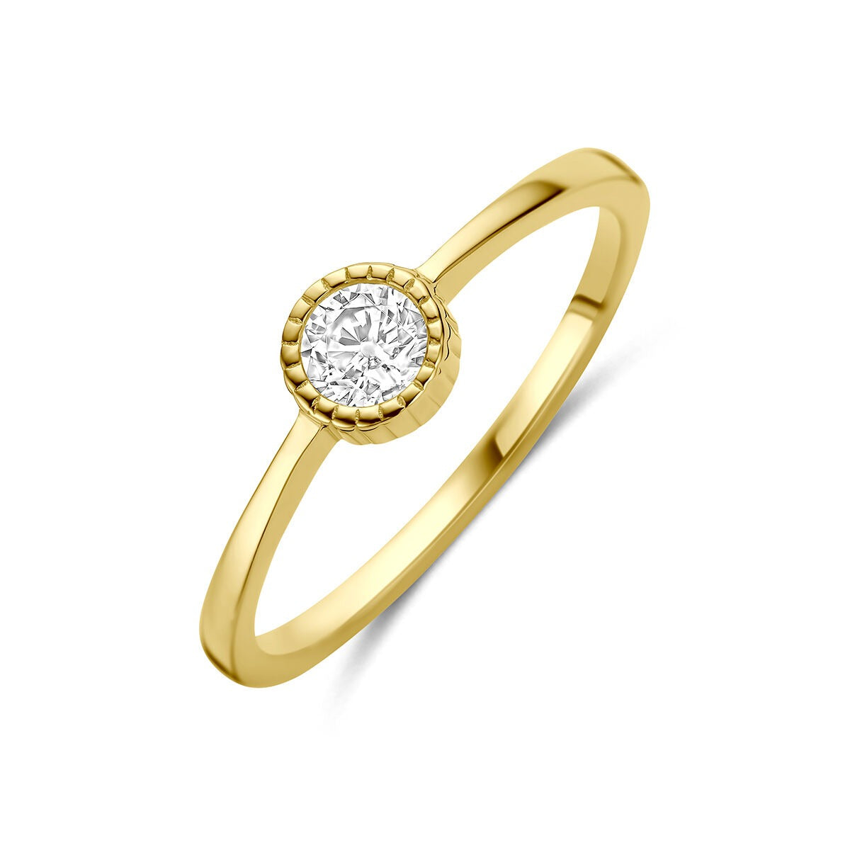 Anillo de oro amarillo de 9 quilates con zirconia, diseño delicado y brillante.