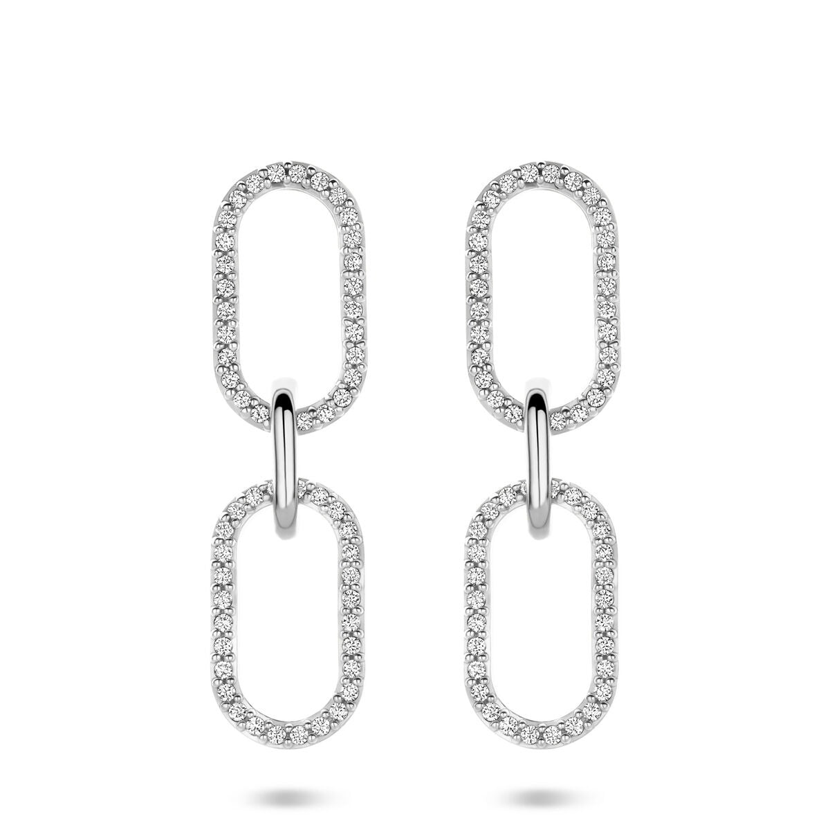 Pendientes largos de plata con zircón, de forma ovalada y 33 mm de longitud.