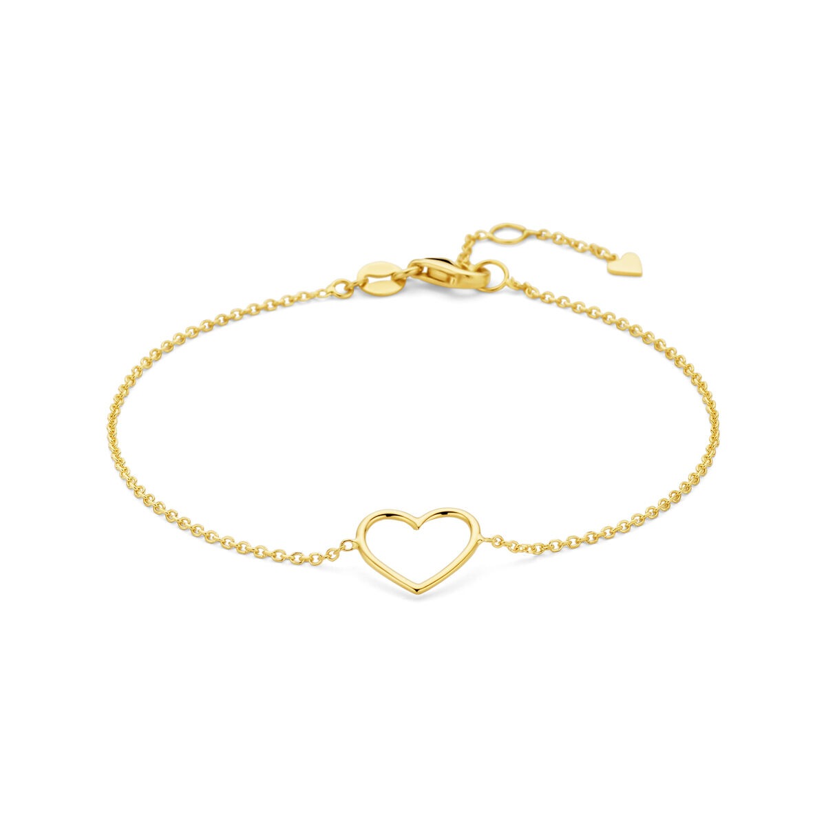 Pulsera dorada de 14k con un corazón abierto en el centro.