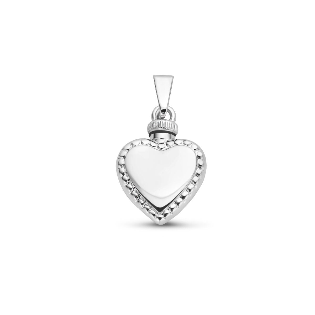 Colgante en forma de corazón de plata, acabado en plata rodiada, con detalles en relieve.