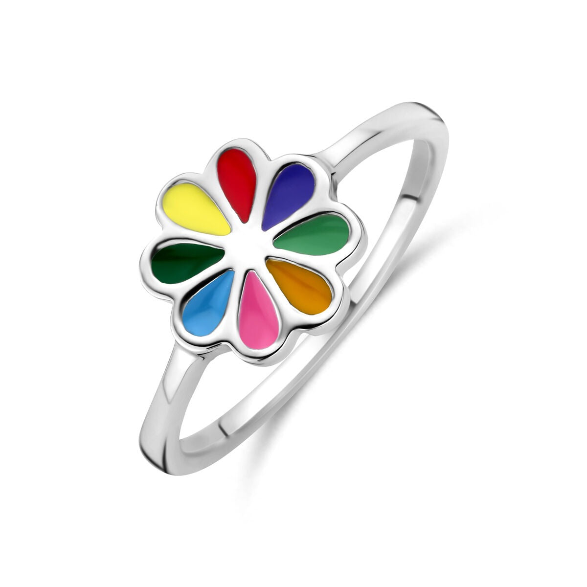 Anillo de plata rodiada para niña con flor de esmalte multicolor.