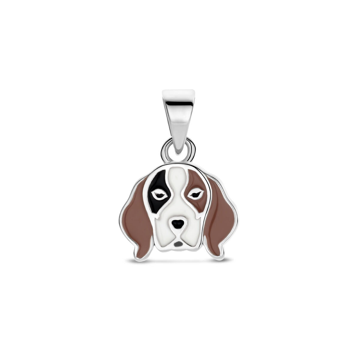 Colgante de perro en plata rodiada, con detalles en marrón y negro, de 14 mm.