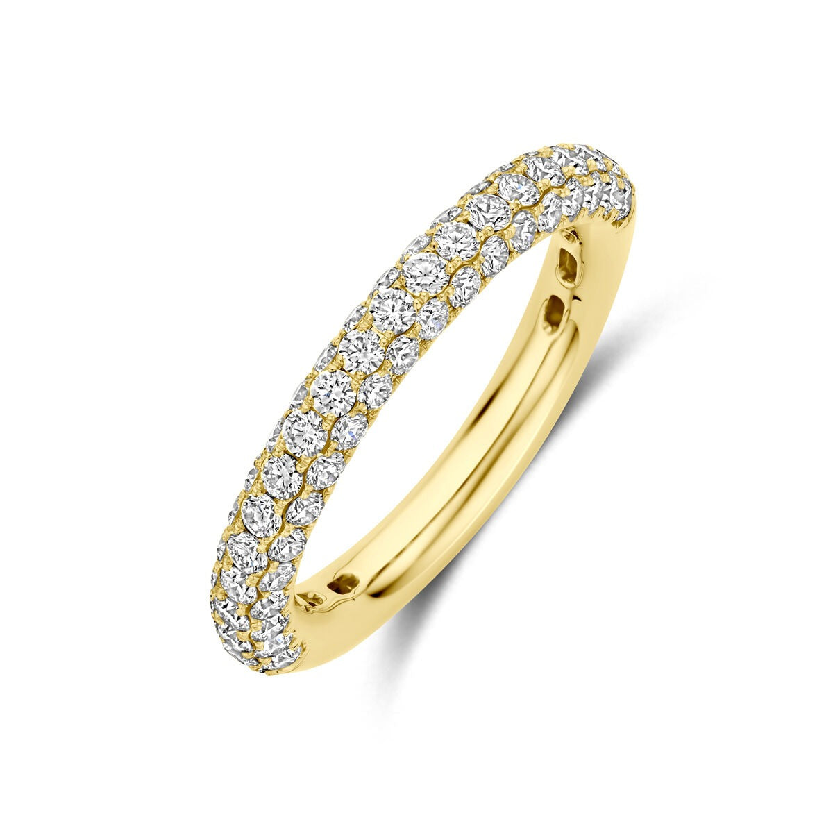 Anillo de oro amarillo de 14k con diamantes de 1.24 ct, con un diseño brillante y elegante.