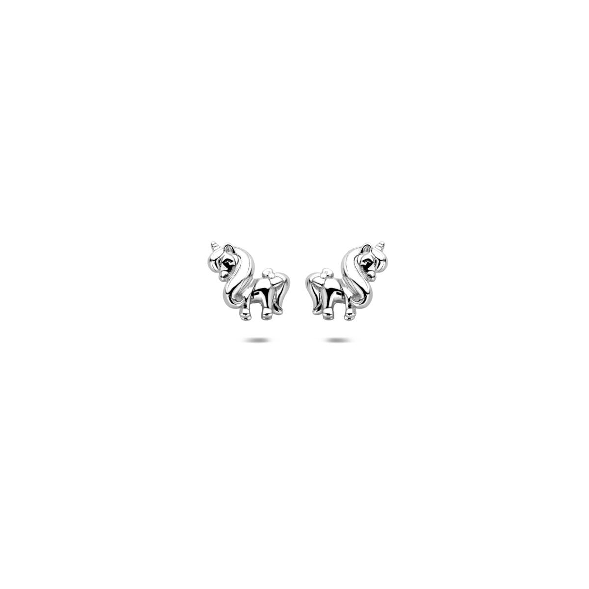 Pendientes de primera puesta en forma de unicornio, de plata, con medidas de 5,5 x 6,5 mm.