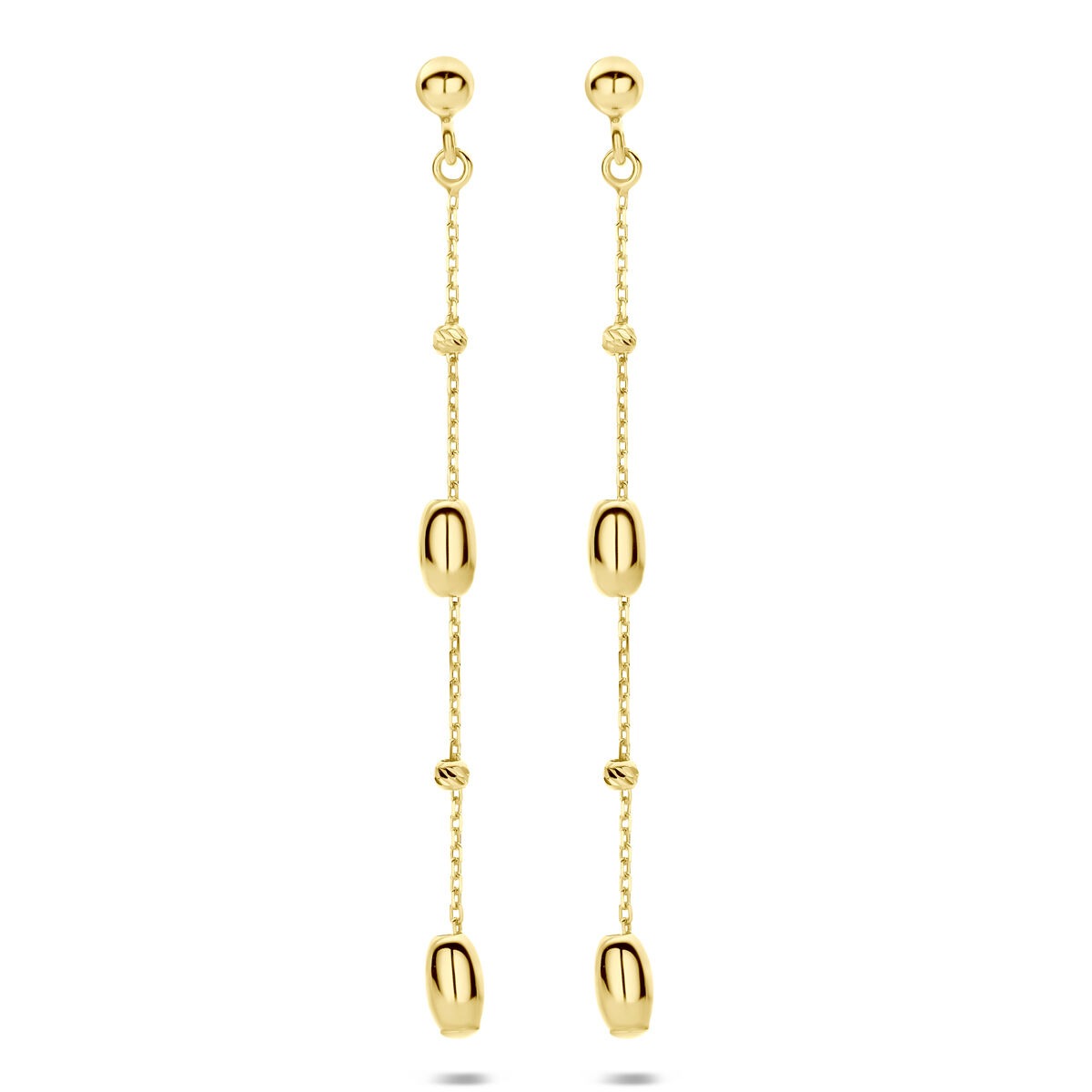 Pendientes largos de oro amarillo de 14k con cadenas de 50 mm y detalles ovalados.
