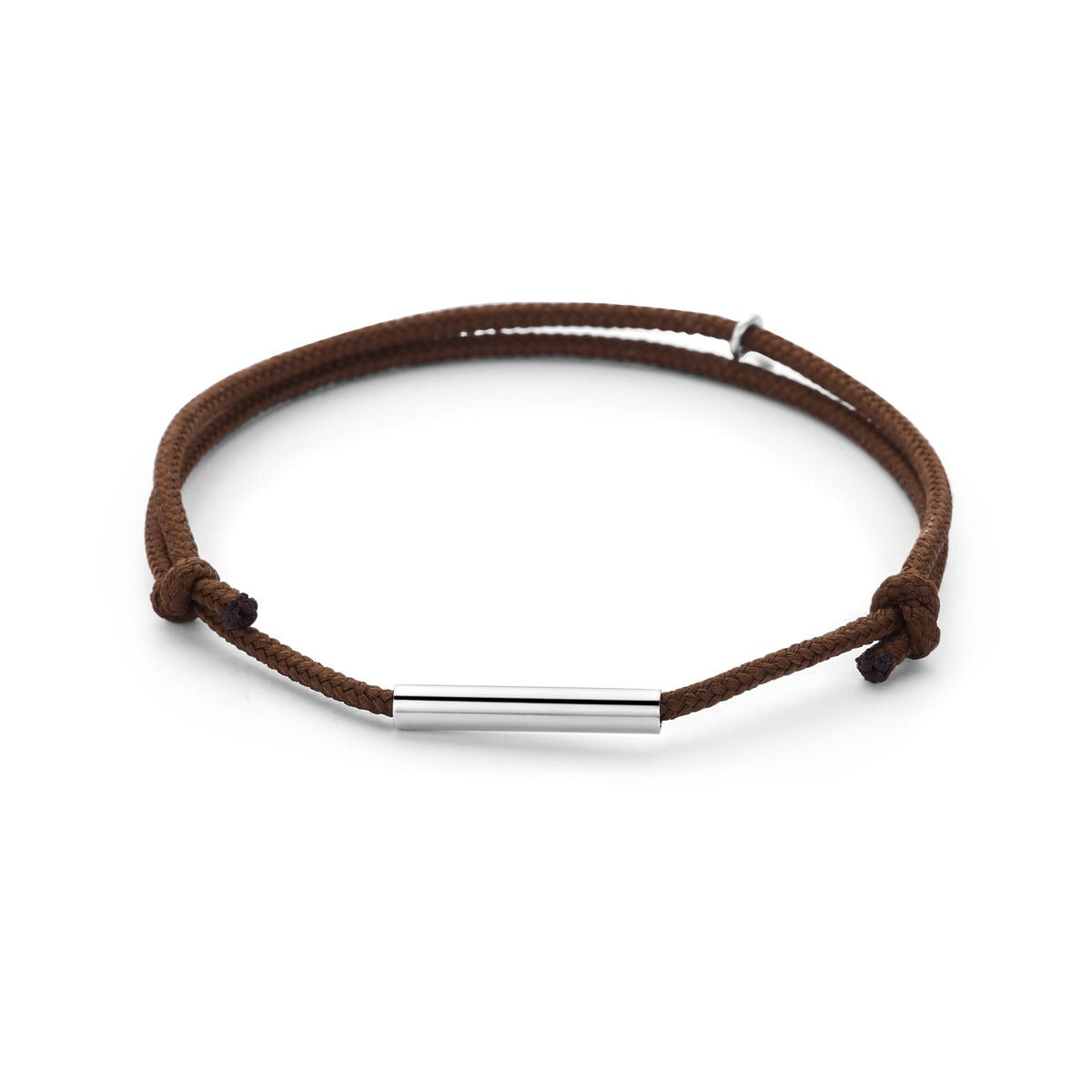 Pulsera de algodón marrón con barra de rodio.
