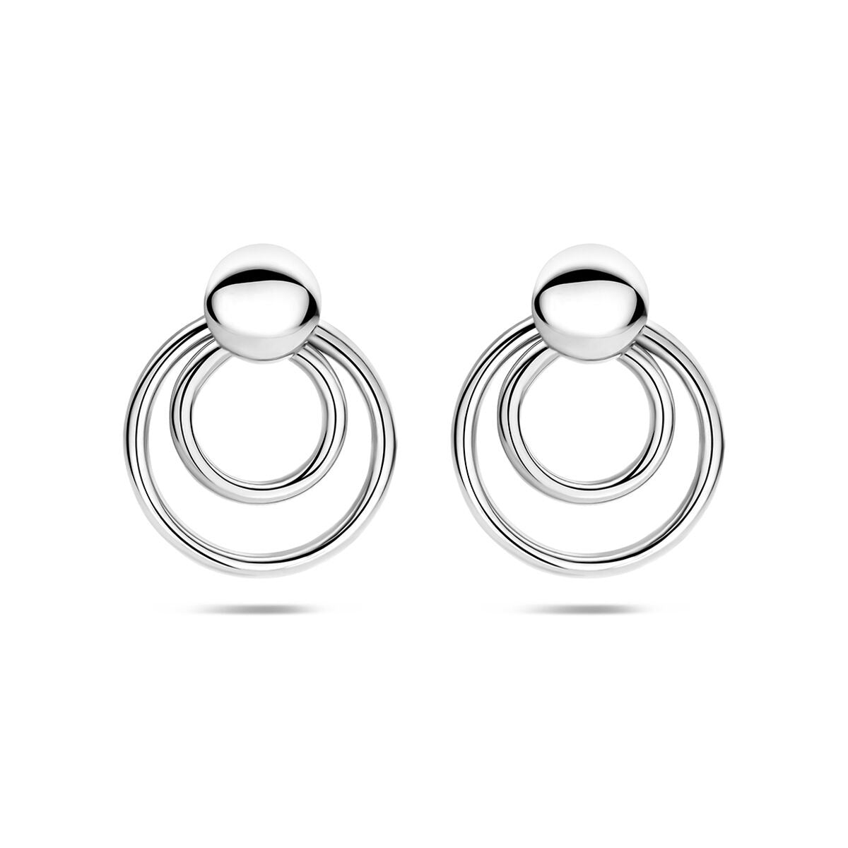 Pendientes de plata 925 con acabado en rodio, con dos aros entrelazados y un detalle esférico en la parte superior.