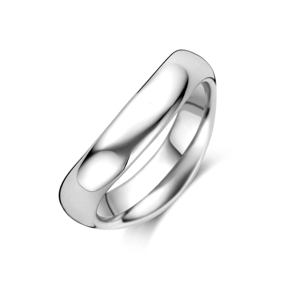 Anillo de dama plateado, con acabado rodiado y diseño liso y moderno.