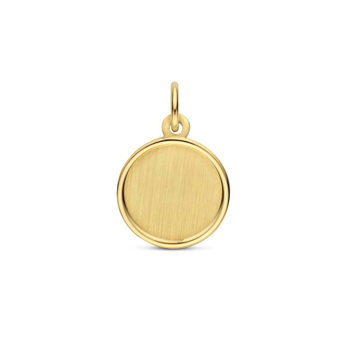 Colgante redondo de oro amarillo de 14k con acabado cepillado y superficie lisa para grabar.