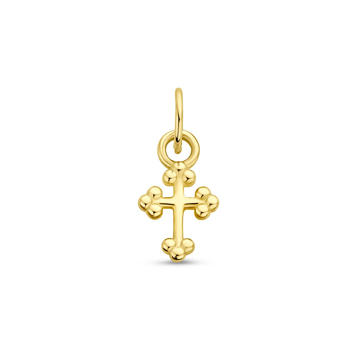 Colgante en forma de cruz de oro amarillo de 14 quilates con detalles redondeados.