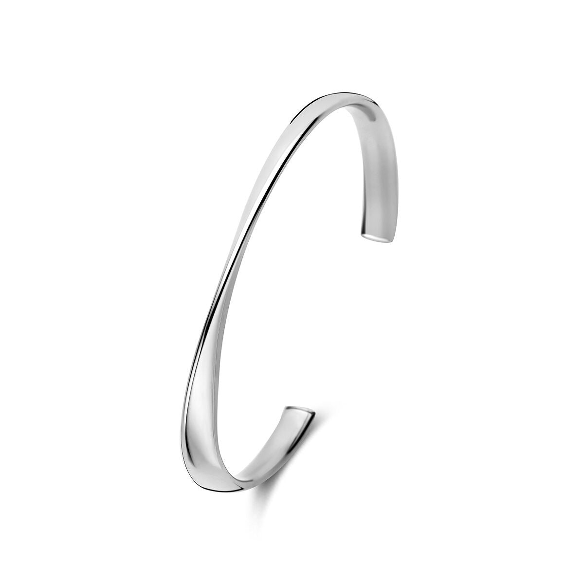 Pulsera de plata 925 con acabado en rodio, de diseño abierto y forma curva.