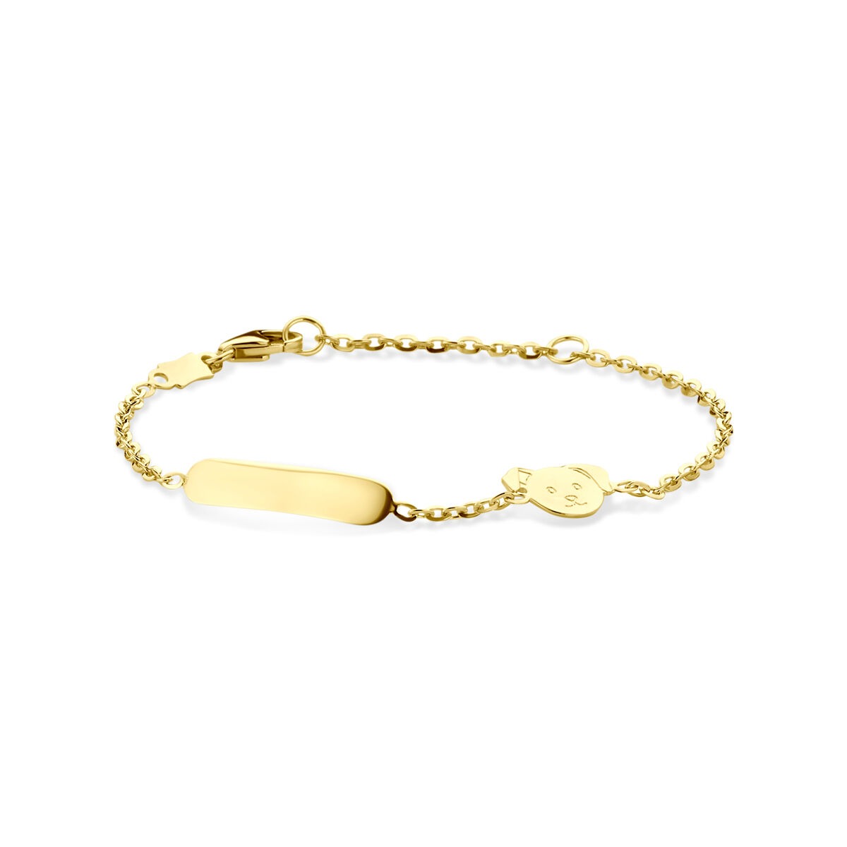 Pulsera de bebé de oro de 14k con placa para grabar y charm de perrito.