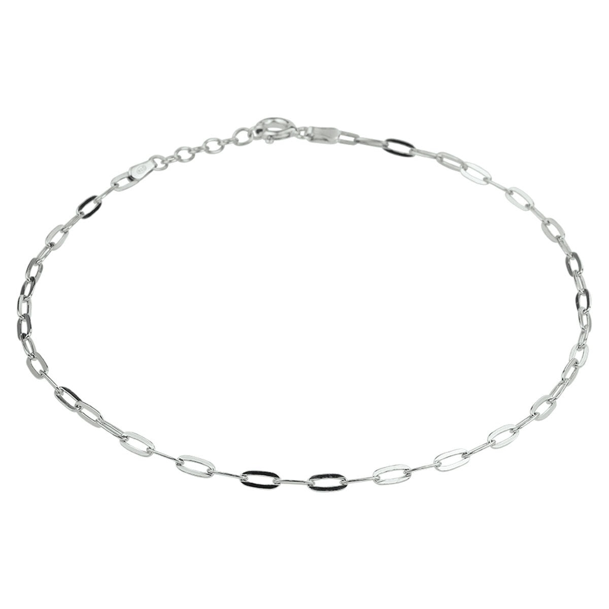 Anillo de tobillo de plata con eslabones tipo paperclip, acabado en rodio.