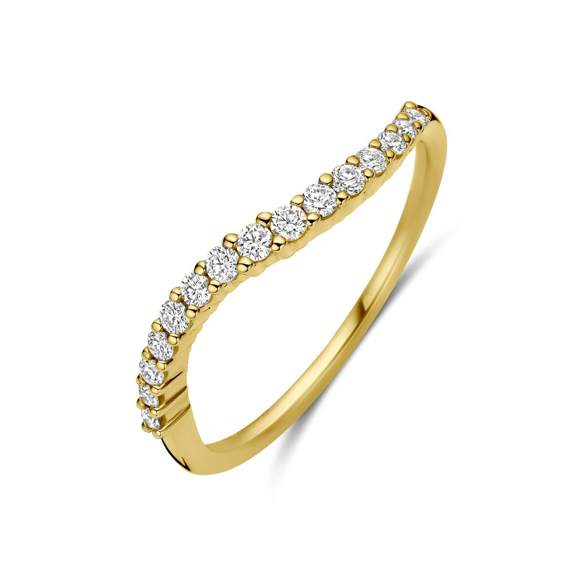 Anillo de alianza de oro amarillo de 14k con diamantes de 0,21 ct en un diseño curvado.