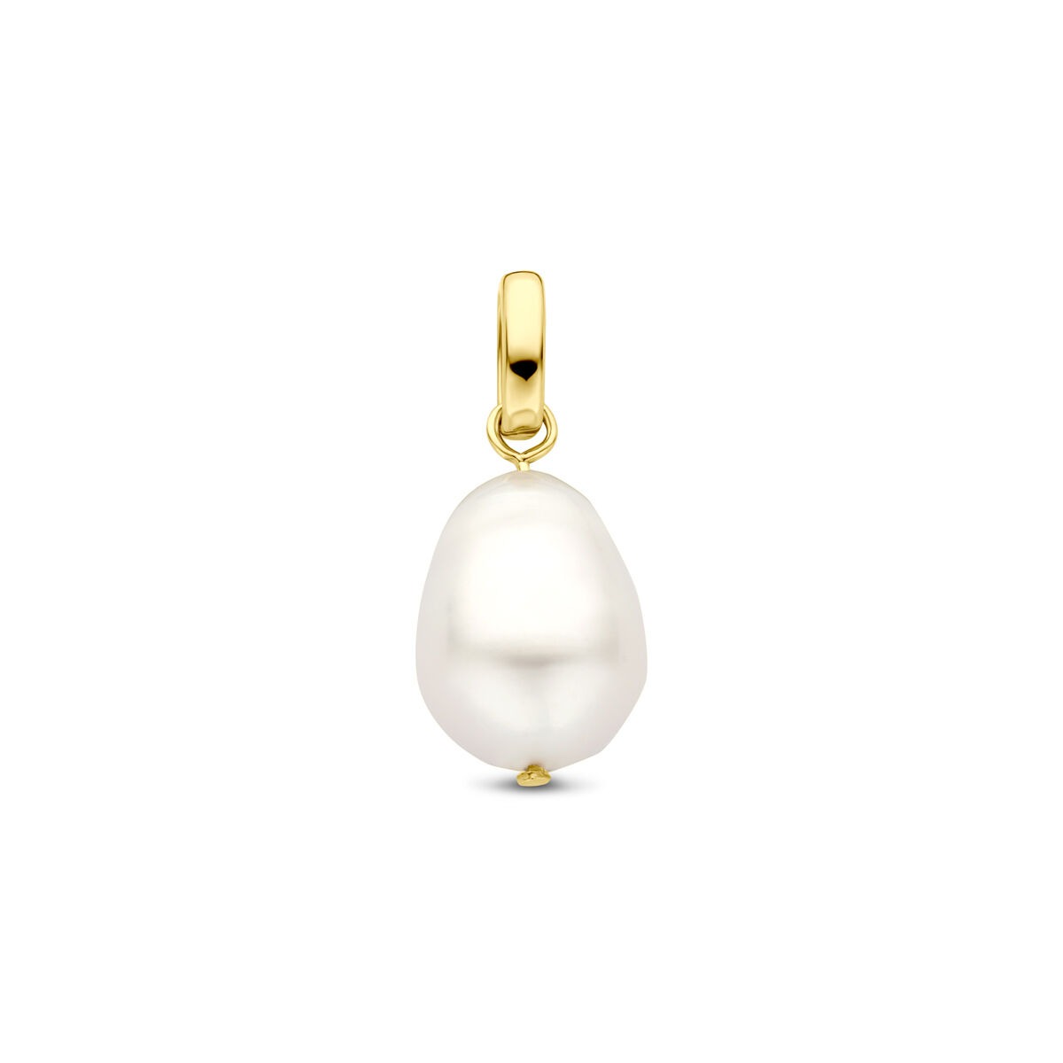 Colgante de plata dorada con perla blanca en forma de gota.