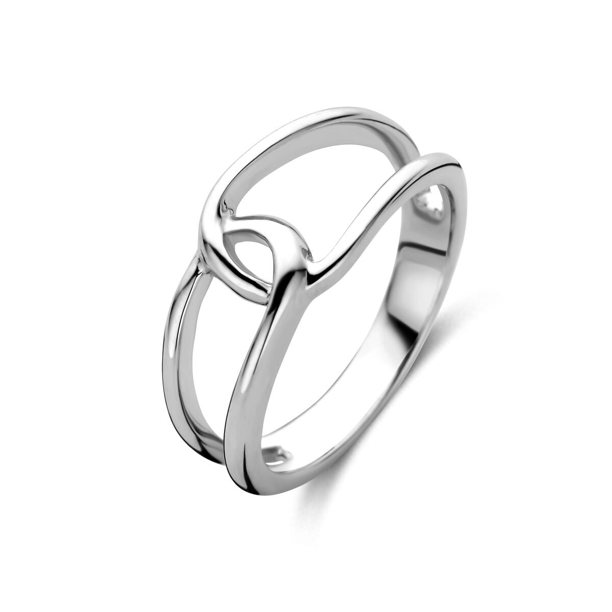 Anillo de plata rodiada de 9 mm con diseño entrelazado y acabado pulido.
