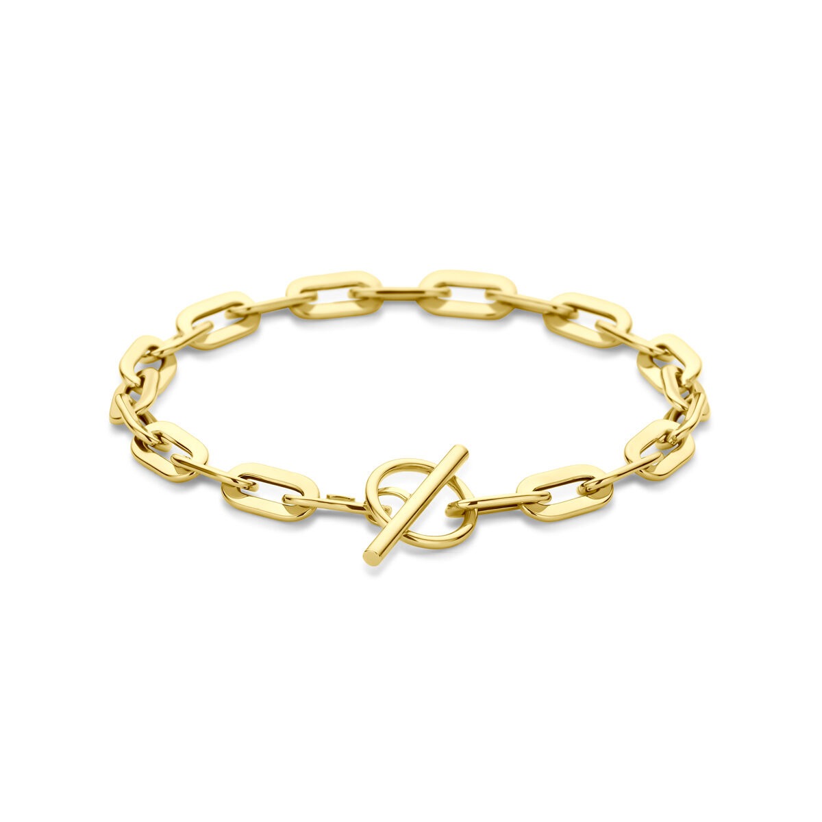 Pulsera de ancla dorada de 14k con cierre tipo capitán, 5,5 mm de ancho y 19 cm de largo.