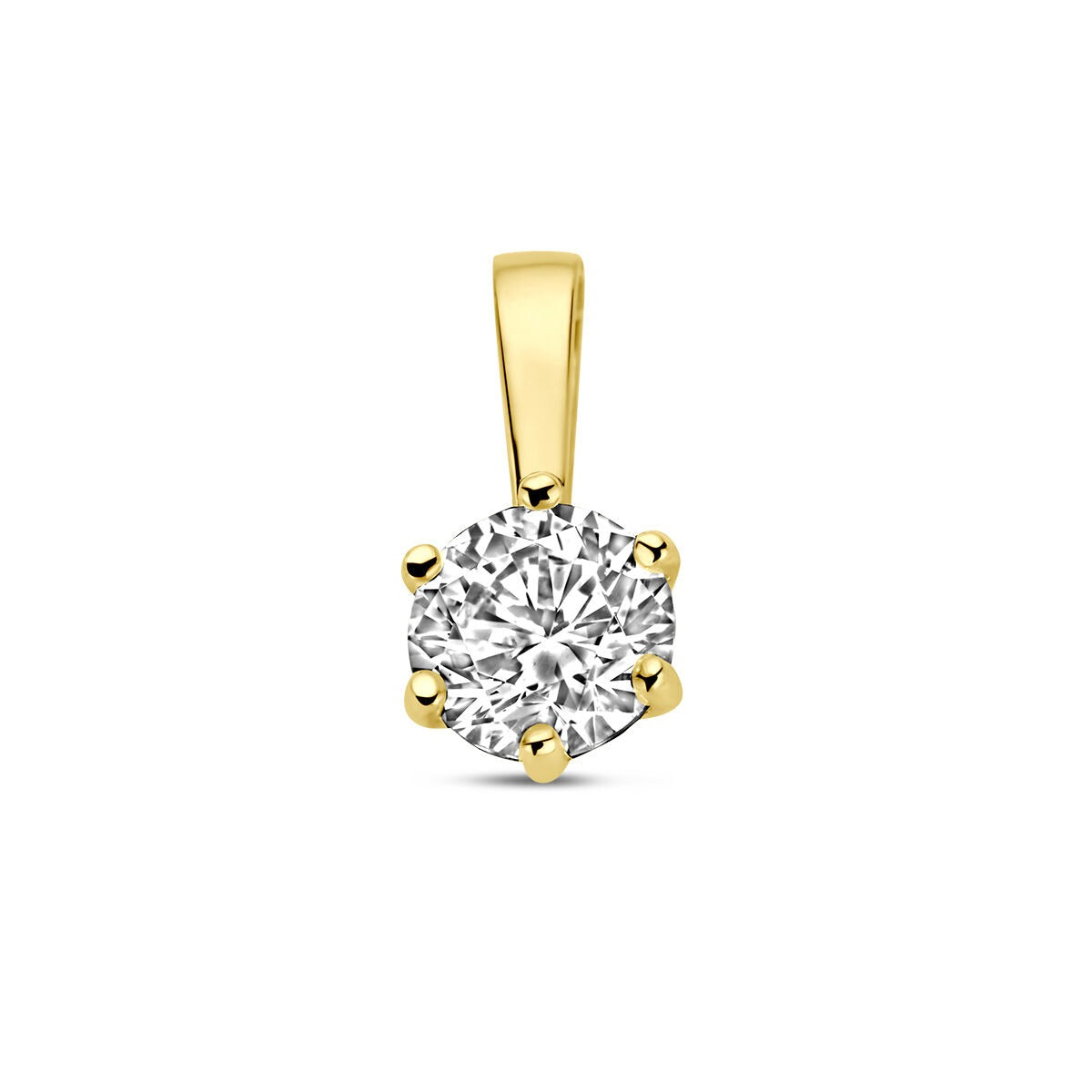 Colgante de oro amarillo de 9k con zircón, diseño solitario con chatón de 6 garras.