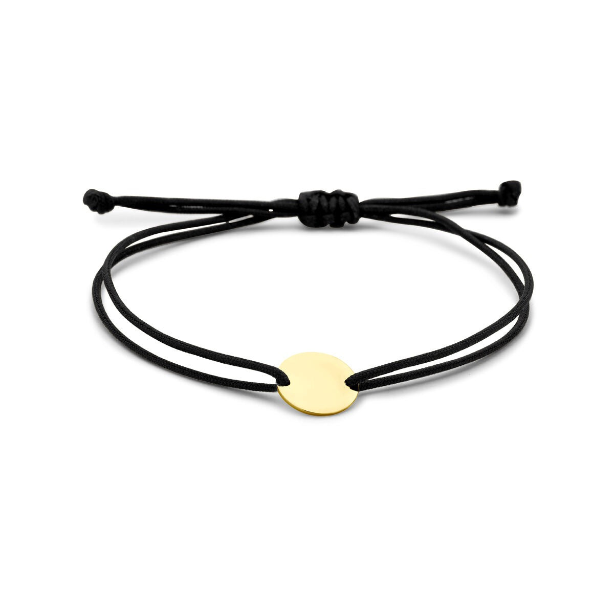 Pulsera de grabado de oro amarillo de 14k con cordón de poliéster negro.