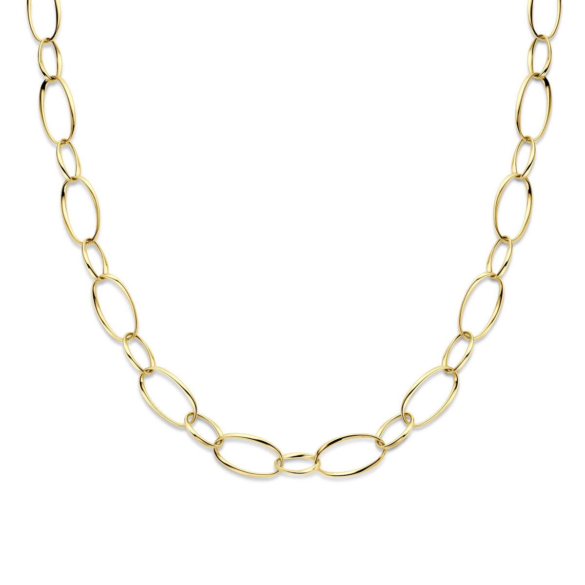 Collar de dama en oro amarillo de 14k con eslabones gruesos y alargados.