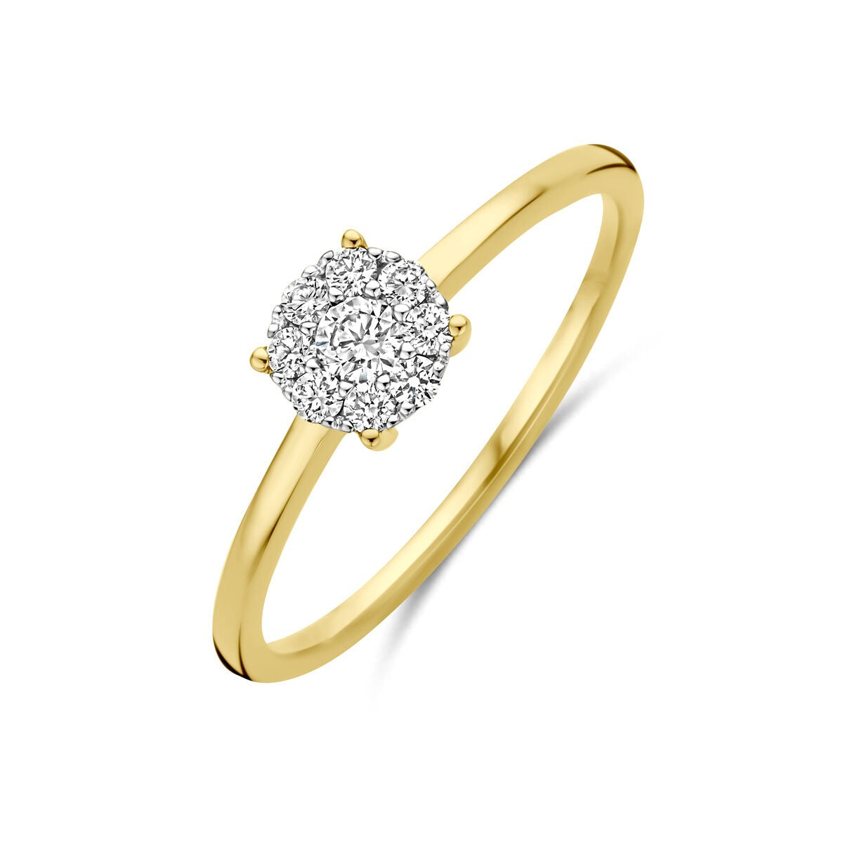 Anillo bicolor de oro de 14k con diamante de 0.19 ct, con un diseño delicado y brillante.