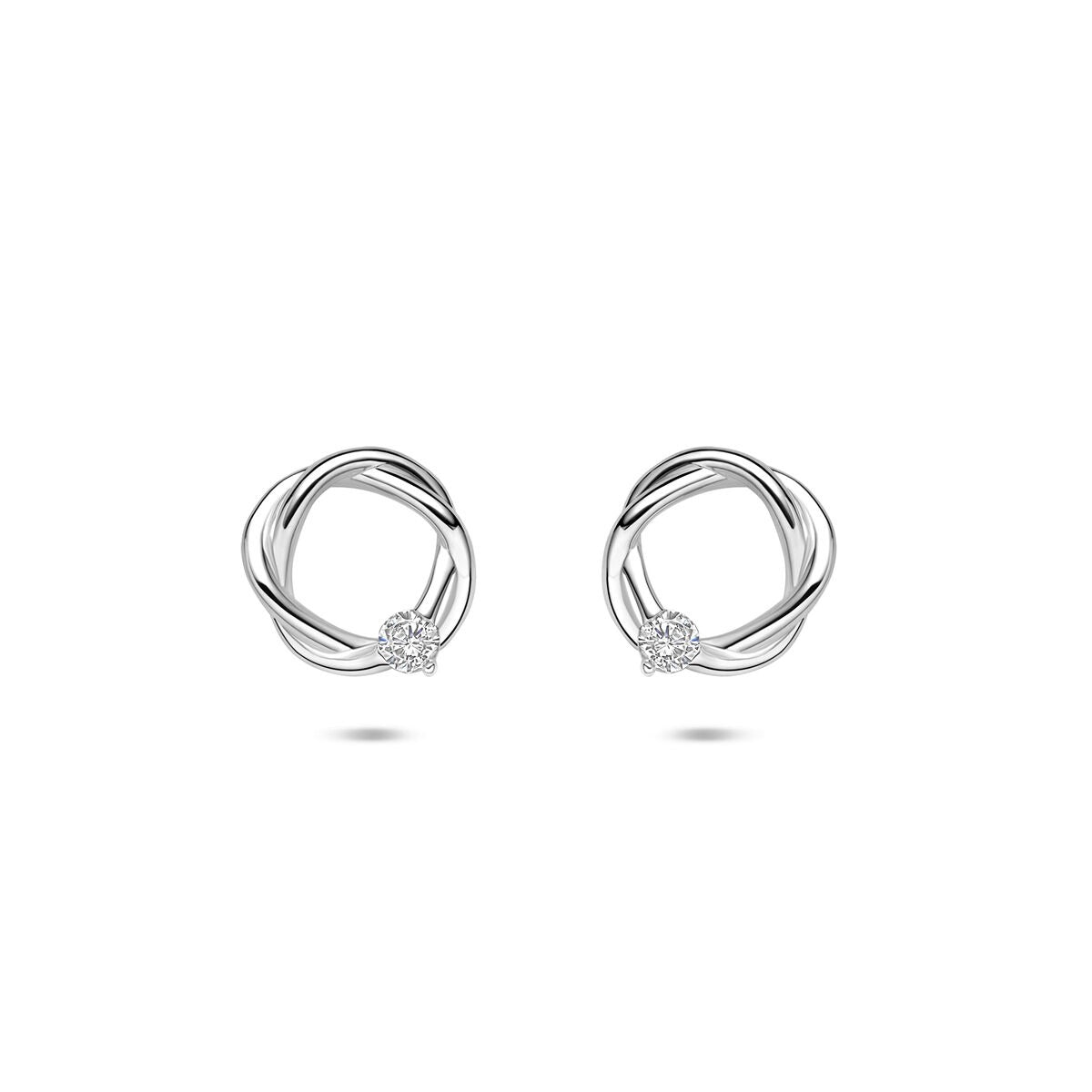 Pendientes de plata 925 rodiada con circonitas, forma entrelazada y diámetro de 10 mm.